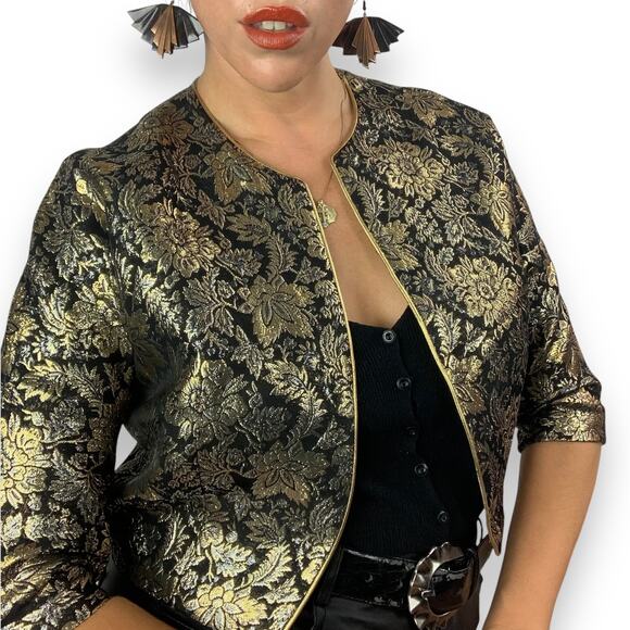 1950's MISS ELLIETTE of CALIFORNIA woven gold and black floral cropped jacket - Picture 9 of 14